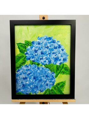 Hydrangea Blues 8x10 Framed Original Acrylic Floral Theme Wall Art Home Decor